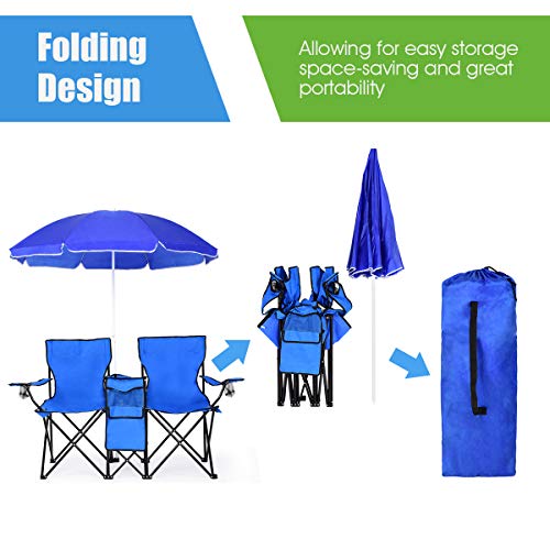 Goplus Double Camping Chair with Umbrella, Folding Loveseat Chairs w/Canopy Shade, Carrying Bag, Table, Cup Holder, Portab...