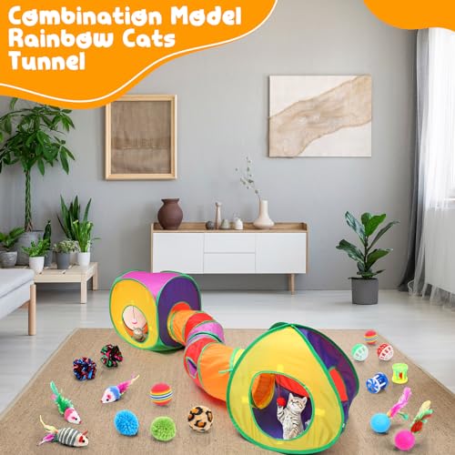 VercanMonth 21 Pcs Cat Tunnels for Indoor Set, 3 In1 Collapsible Cat Tunnel Toy with Cube Tent Toys Combo and 20 Pcs Inter...