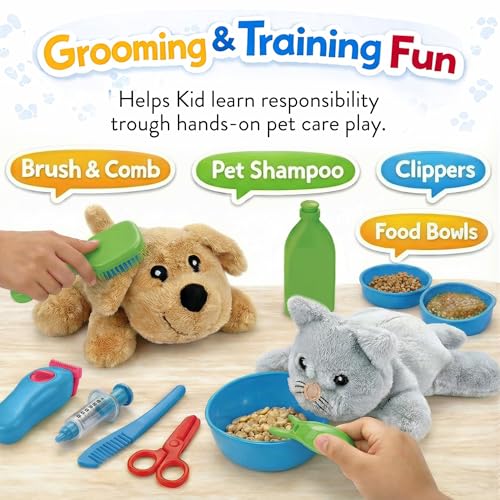 34-Piece Kids Pretend Vet Playset, Veterinarian Role Play Doctor Toy Kit with Plush Dog & Cat, Pet Care Grooming Set with ...