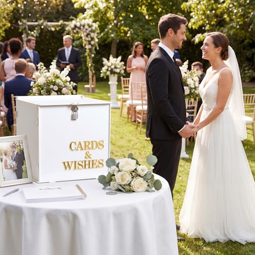 AerWo White Wedding Card Box with Lock, Acrylic Gift Card Box for Party with 3D Letters, Large Wedding Card Boxes for Rece...