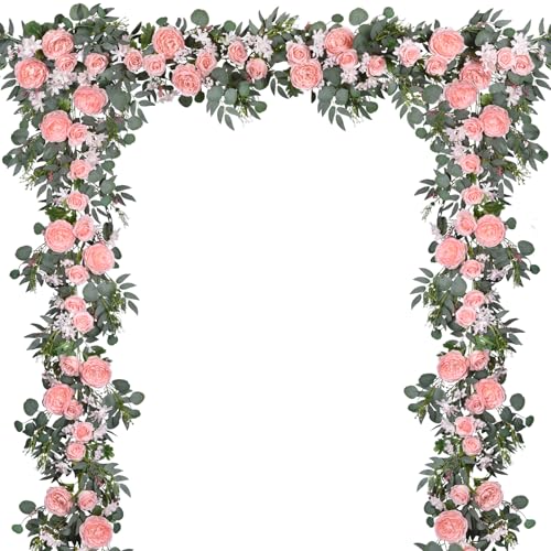 DearHouse 2Pcs Artificial Peony Flower Garland and - Silk Peony Garland with Flowers and Eucalyptus for Wedding Party Tabl...