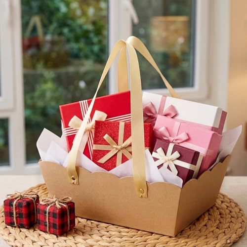 Fuyoooo 8 Sets Baskets for Gifts Empty Sturdy Kraft 10x9'' Scalloped Edge Thick Kraft Baskets with Handles 16 Tissue Paper...