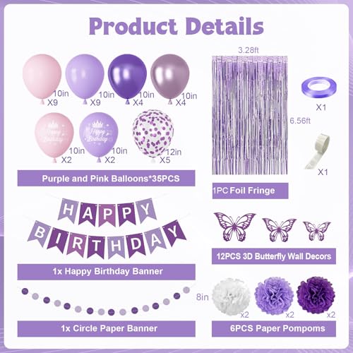 Purple Birthday Decorations for Women Girls, Lavender Pink Confetti Metallic Printed Balloons Butterfly Stickers Fringe Cu...