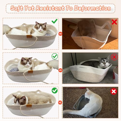 Pet Beds for Cats, Cat Beds for Indoor Cats 19.69"×13.78"×6.30",Cotton Rope Oval Cat Bed for All Seasons (with Cooler Stra...