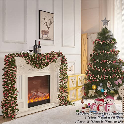 PONKING 8 Pcs x 8.2 ft Flower Garland Artificial Rose Vine Flowers with Green Leaves Hanging Fake Roses Vine for Room Part...