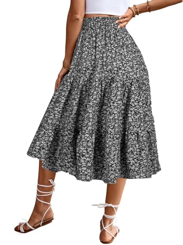 MSLG Women's High Elastic Waist Midi Skirt Casual Summer Trendy Tie Front Flowy Ruffle Floral Print A line Skirts 626