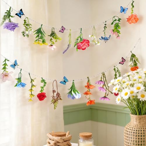 2 Pack 14.4ft Flower Garland Artificial Wildflower Garland, Spring Floral Garland Banner with Butterfly for Wildflower Par...