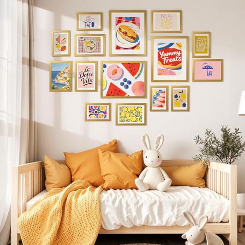 HappyHapi 15 Pack Gold Picture Frames Collage Wall Decor, Gallery Wall Frame Set for Mounting & Tabletop Display, Multi Si...