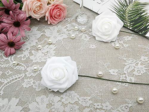 J-Rijzen Artificial Flowers 50PCS Real Looking White Fake Roses with Stem for DIY Wedding Bouquets Centerpieces Party Baby...