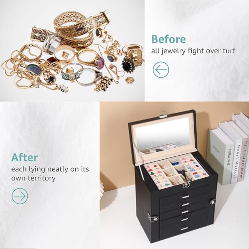 BOOVO Jewelry Box For women, 6 Layer Large Jewelry Organizer With Mirror, Multi-Function Storage Box With Lock, Accessory ...