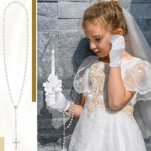 Conelist 3 Pcs First Holy Communion Candle Set for Girls Baptism Taper Candle with Rosary Beads Catholic Necklace Satin Gl...