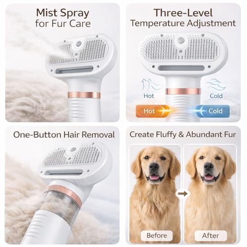All-in-One Steam Pet Grooming Brush for Dogs & Cats, Soft Brushing with Drying & Deshedding, Calm Home Grooming Tool for D...