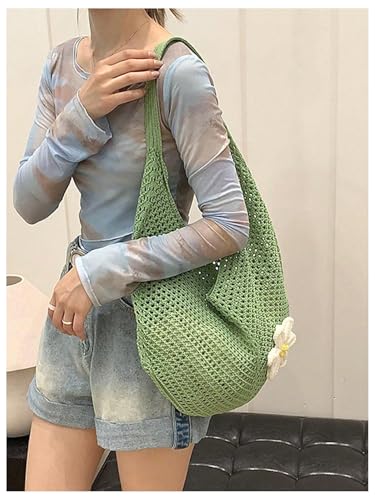OYOANGLE Women's Floral Applique Crochet Beach Tote Bag Summer Boho Mesh Woven Tote Bag