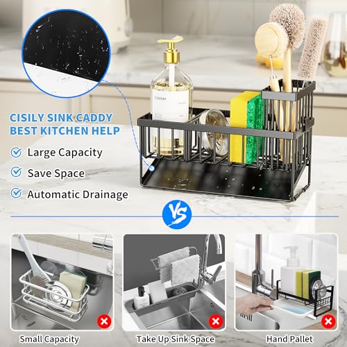Cisily Sink Caddy Sponge Holder for Kitchen with Brush Holder and Stainless Steel Self Drain Tray, Rustproof Kitchen Sink ...