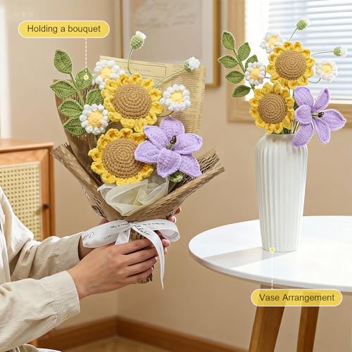 Crochet Flowers Bouquet, Handmade Knitted Sunflower,Crochet Artificial Flower for Mother’s Day, Anniversary,Lover ,Graduat...