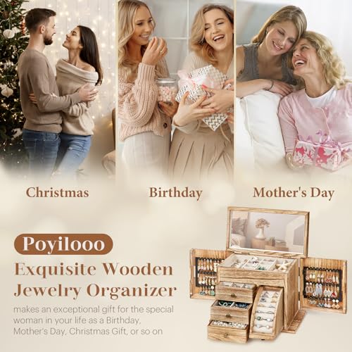 Poyilooo Jewelry Box Organizer, Solid Wood Jewelry Boxes fow Women with Mirror, Double Layer Jewelry Organizer Box Display...