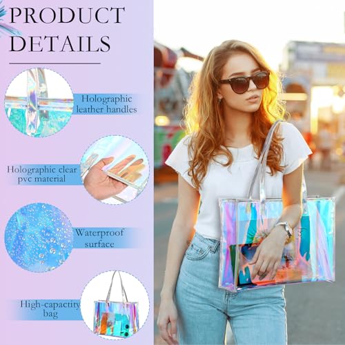 Aliceset Holographic Clear Tote Bag with Leather Handle Iridescent Bachelorette Beach Bag for Work Stadium Travel | with L...