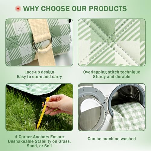 Extral Large Outdoor Waterproof Picnic Blanket With Shoulder Strap, 80"X80" 3-Layer Windproof Foldable Picnic Mat with Cor...