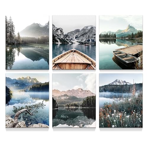 Nature Lake Landscape Wall Art: Unframed Pier Boat Poster Decor Forest Mountain Scenery Prints Photography Relaxing Theme ...