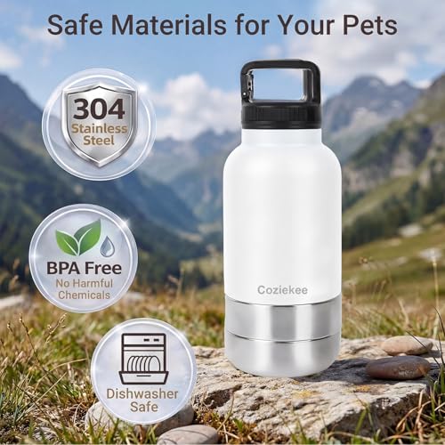 3-in-1 Dog Water Bottle Portable, 32oz Insulated Stainless Steel Pet Water Dispenser with 2 Detachable Travel Dog Bowls fo...