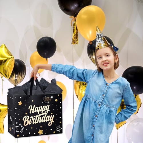 ZGORENDZ 14'' Large Gift Bag Gold Foil Happy Birthday Party Bag with Tissue Paper, Card, Envelope, Gift Tag