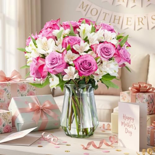 Benchmark Bouquets - Delightful Roses & Alstroemeria (Glass Vase Included) - Fresh Flowers for Delivery - Gift for Graduat...