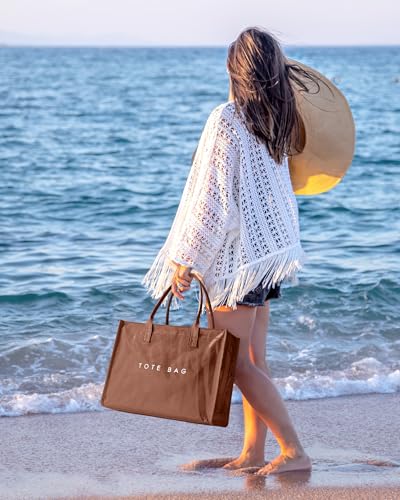 Large PVC Tote Bag for Women, Kraft Paper Handbag Beach Tote with Letter Print, Top Handle Purse for Work Travel Shopping