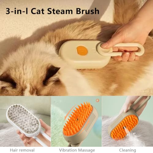 Cat Steam Brush, 3 in 1 Pet Steam Cats Brushes Rechargeable Anti-Static Grooming Brushe, Vibration Massage Cleaning Sheddi...