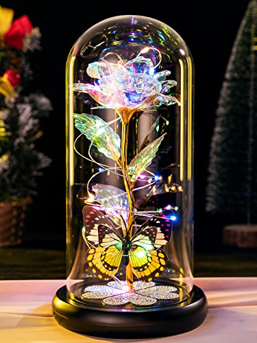 Mothers Day Rose Gifts for Mom Birthday Gift for Women Galaxy Glass Rose in Glass Dome Forever Eternal Crystal Roses with ...