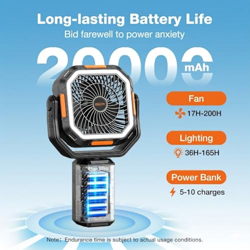 OGERY Camping Fan, Portable Fan with Adjustable Height Stand, 20000mAh Rechargeable Battery Powered Fan with Remote, LED L...