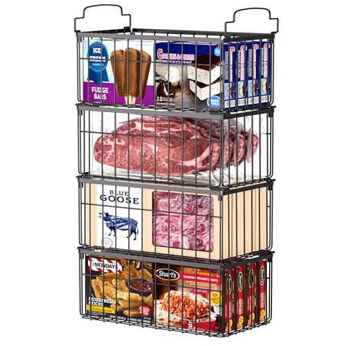 MSERCUOR Freezer Organizer Bins, 4 Pack Stackable Deep Chest Freezer Organizer Bins, Foldable Baskets with Handles, Black ...