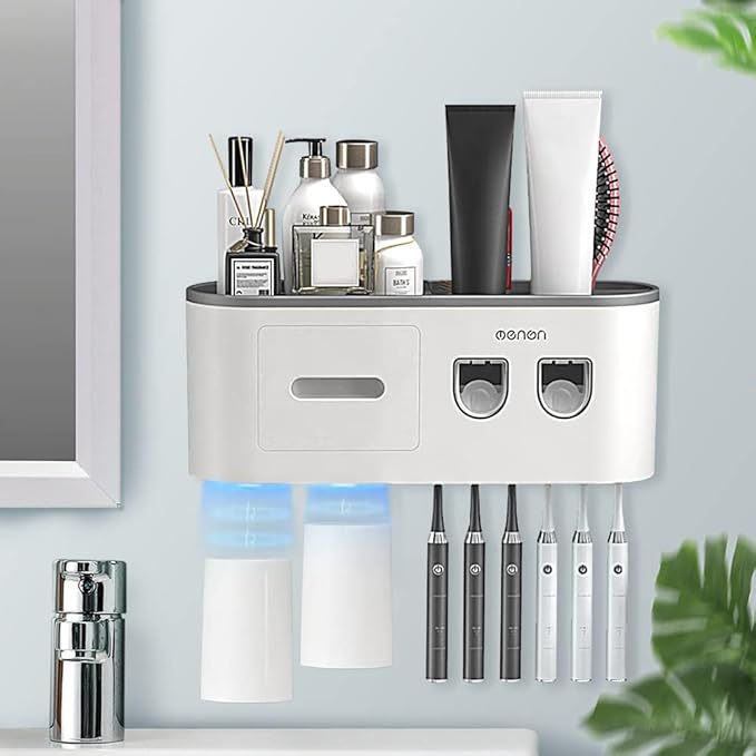 BHeadCat Toothbrush Holders for Bathrooms Wall Mounted, 6 Slot Toothbrush Holder with 2 Automatic Toothpaste Dispensers, 2...