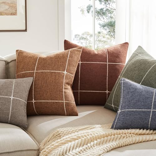 YZJZEDS 2 Packs Grid Embroidery Throw Pillow Covers, 20x20 Inch Navy Blue, Farmhouse Linen Decorative Navy Blue Cushion Co...