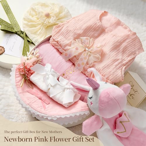 TUZT Newborn Baby Girl Gift Set, 9PCS Baby Shower Gift Box with Onesie Blanket Hand Puppet Milestone Card, New Born Essent...