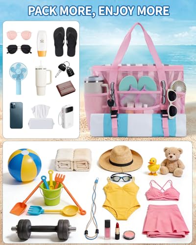 WANDF Mesh Beach Bag for Women, Large Beach Tote Bags with 40oz Tumbler Side Pockets, Family Pool Bag for Swim Toys Towels...