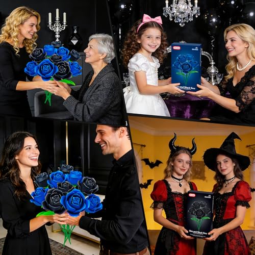 Sitodier 2 in 1 Flower Bouquet Building Set, 5pcs Black and 5pcs Blue Roses for Women Gilrs, Valentine's Day Gift for Love...