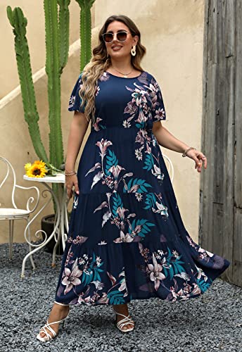 Nemidor Plus Size Maxi Dresses for Curvy Women Summer Casual Boho Ditsy Floral Print Layered Flared Long Dress with Pocket