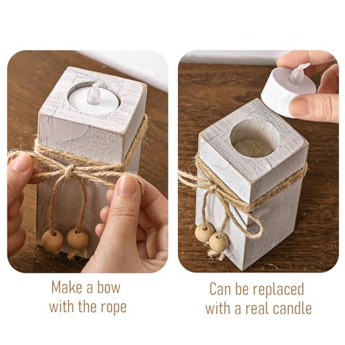MelonBoat Rustic Flameless LED Candles 3-Pack, Battery Operated Candles with Wooden Candle Holders, White Rustic Farmhouse...