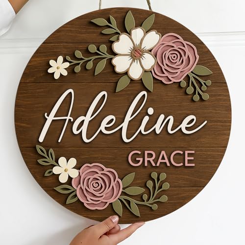 Floral Name Sign for Nursery Decor for Girls – Personalized Wooden Name Signs for Nursery with Flowers, Baby Girl's Custom...