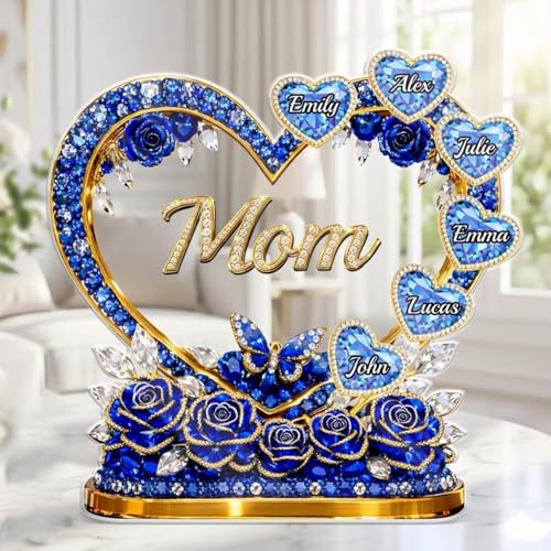LOVELYPOD Custom Mom Heart With Crystal Roses 2D Acrylic Plaque, Personalized Grandma Plaque with Grandkid Names, Mama Gif...