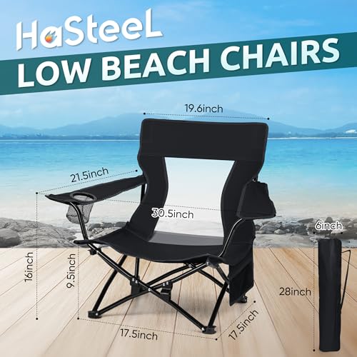 HaSteeL Folding Beach Chair Set of 2, Foldable Black Camping Chairs for Outside, Low Beach Chair Portable for Adults Fishi...