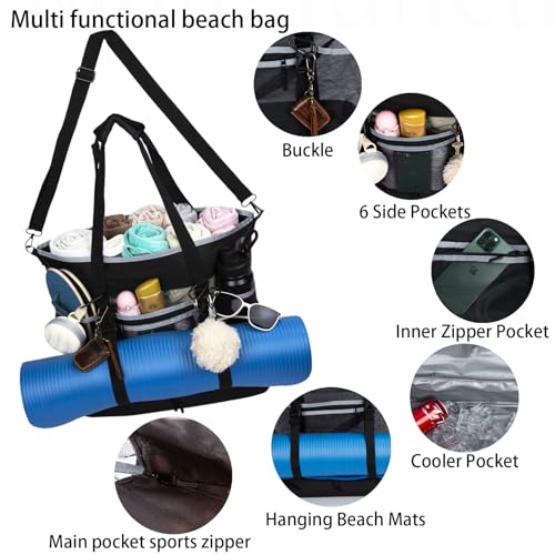 Unamujer Mesh Beach Bag with Cooler Large Travel Family Vacation Essentials Pool Swimming Zipper Pocket Durable 9 Pockets