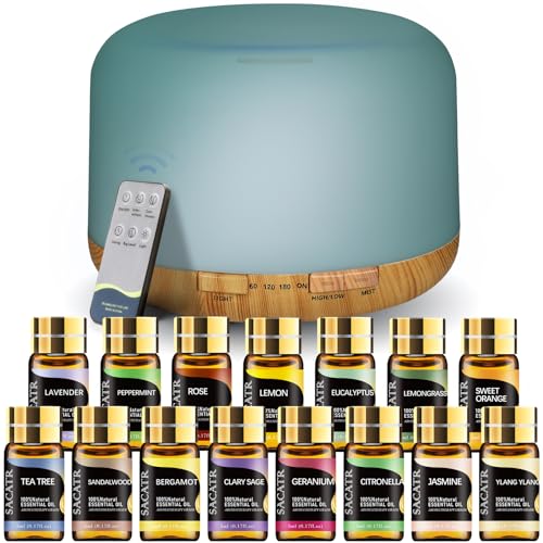 SACATR 500ml Essential Oil Diffuser with 15 Essential Oils, Ultrasonic Cool Mist Humidifier, Remote Control, 4 Timers, 15 ...
