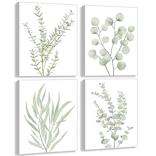 Erctoo Botanical Plant Canvas Wall Art, Framed Boho Wall Decor for Bathroom, Minimalist Aesthetic Bedroom Wall Art, Sage G...