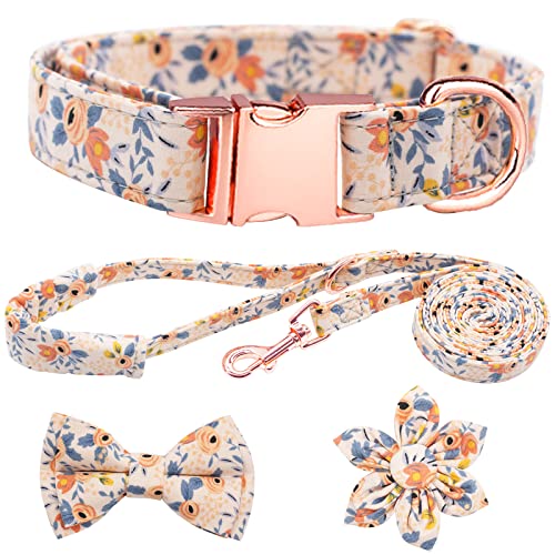 HSIGIO Dog Collar and Leash Set Girls Adjustable Puppy Collars with Floral Bow Tie for Small Medium Large Female Dogs, Ora...