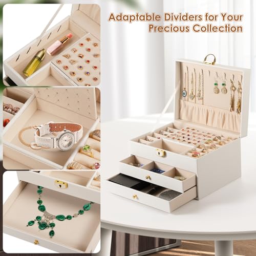 coobest 3 Layer Jewelry Box, Lockable Jewelry Holder Organizer with Jewelry Drawer, Large Jewelry Boxes & Organizer with V...