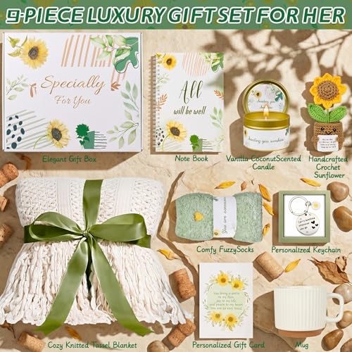 Mothers Day Gifts for Mom Grandma Wife - 9-Piece Sunflower Gift Basket with Blanket & Crochet Flower - Self Care Package, ...