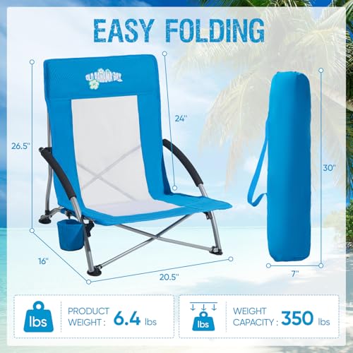 Old Bahama Bay Folding Beach Chair 2 Pack, Beach Chairs for Adults Low Beach Camping Chair with Cup Holder Mesh Back for O...