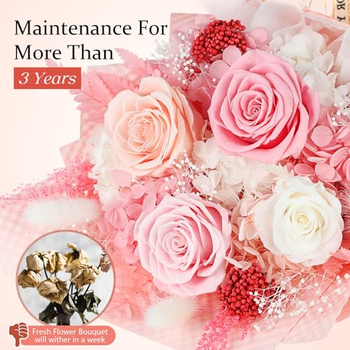 Preserved Flowers Bouquet 4 Roses - Pink Roses & Flowers for Delivery, Long-Lasting Real Roses Forever, Mothers Day Gifts ...