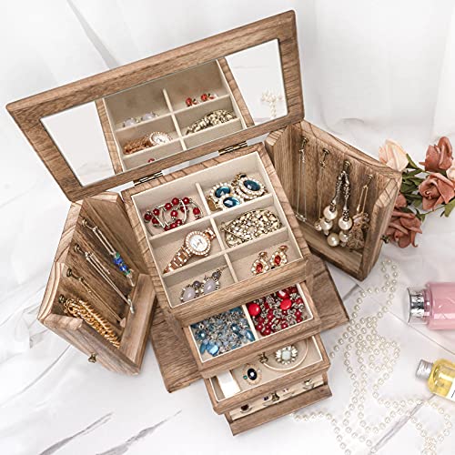 Emfogo Jewelry Box for Women, Rustic Wooden Jewelry Boxes & Organizers with Mirror, 4 Layer Jewelry Organizer Box Display ...